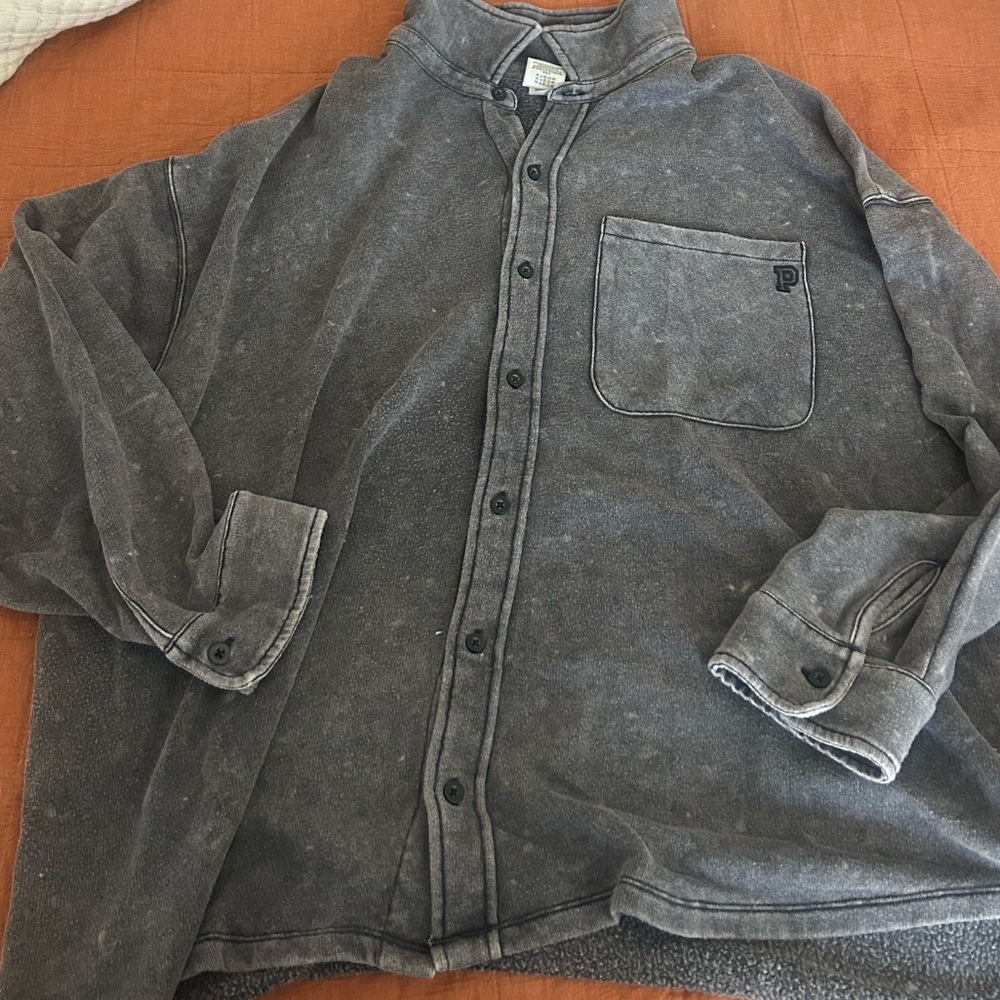 PINK black acid wash botton up crewneck XXL, never worn without tag!